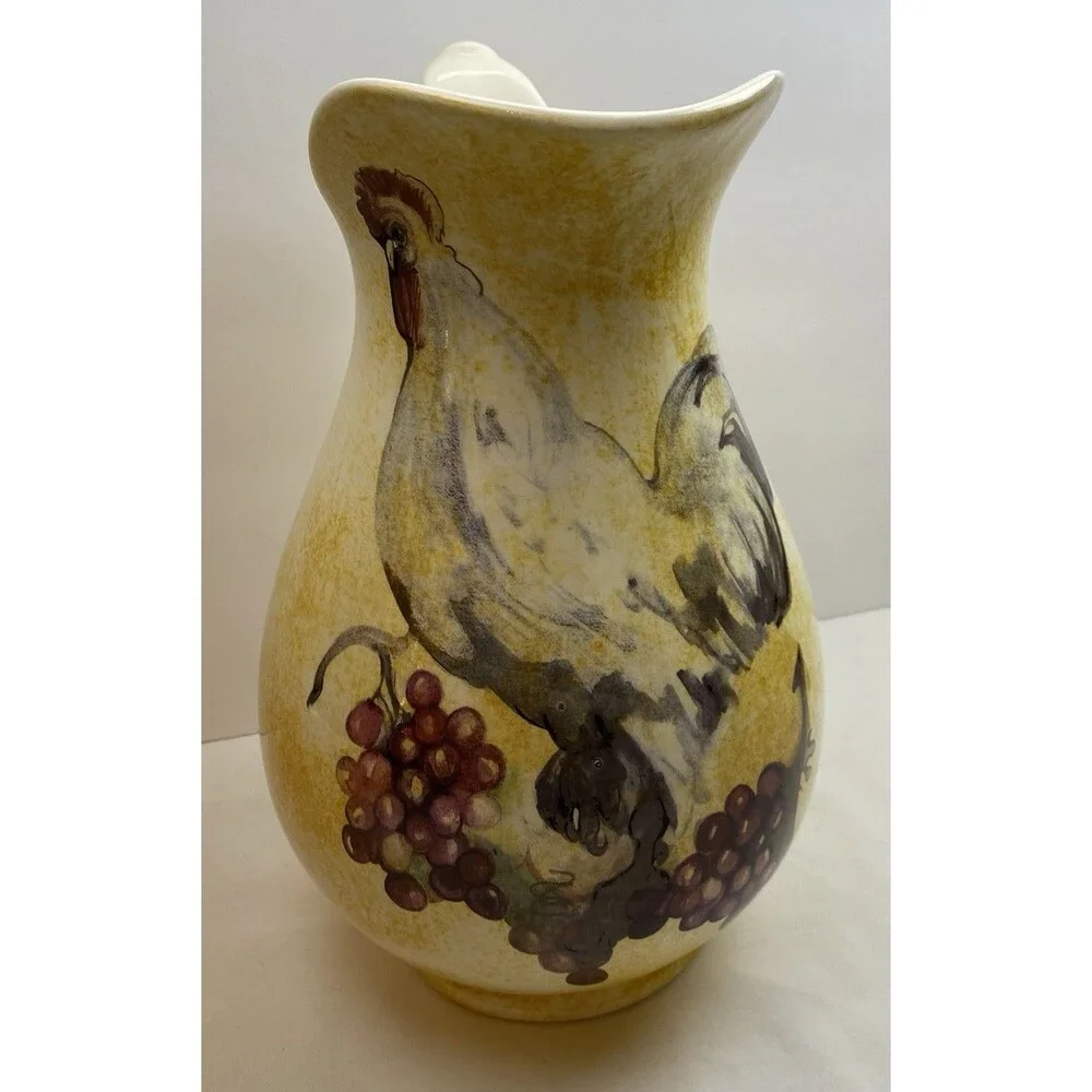 Ceramic Yellow Pitcher Rooster/Chicken Grapes Signed Hand Painted